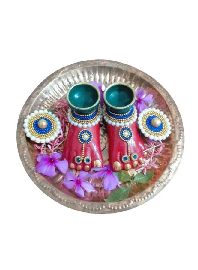 OnDec نعال صغيرة من الطين المحروق مزينة بنقوش حجرية من OnDec Lakshmi/Ma Laxmi (زوج واحد) (أزرق ملكي على أحمر) - Image 4